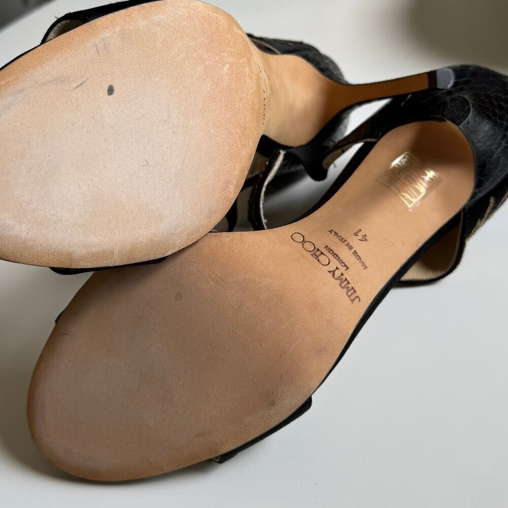 Jimmy Choo Black Satin Tallow Gold Sequin Open Toe Heel Sandals 41 - Picture 7 of 7